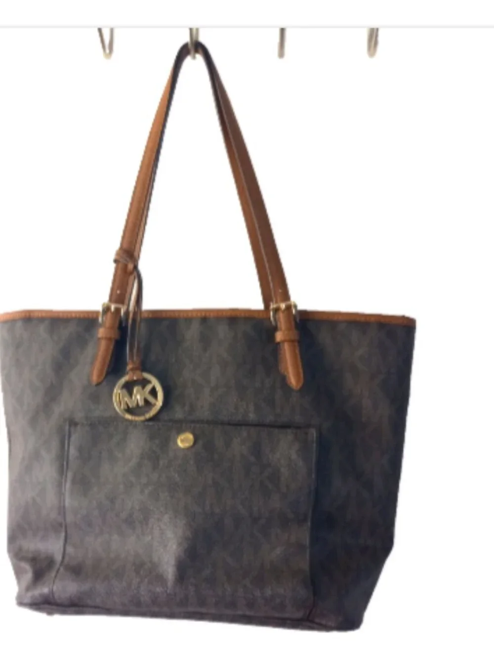 Michael Kors Large Tote Bag Brown MK Signature Logo Gold Charm Zip Top Purse